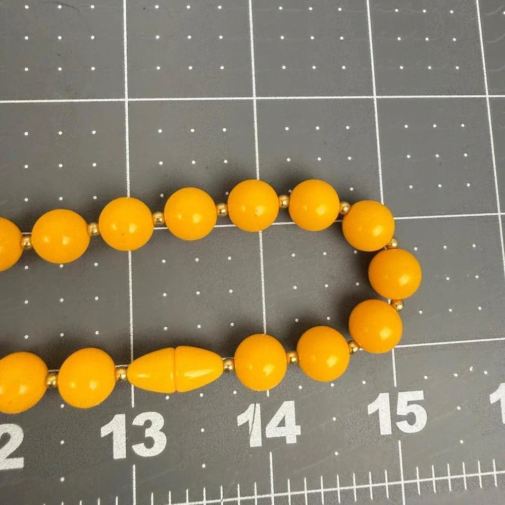 Vintage Yellow Bead Necklace Gold Tone Spacer Single Strand Retro Round Plastic